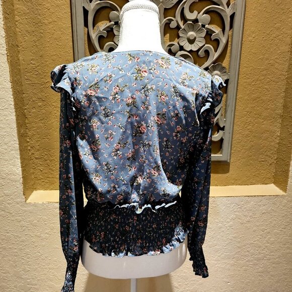Milk & Honey  Teal Floral Smocked Waist M Top Frenchy Boho Retro Ditsy Romantic - Picture 2 of 9